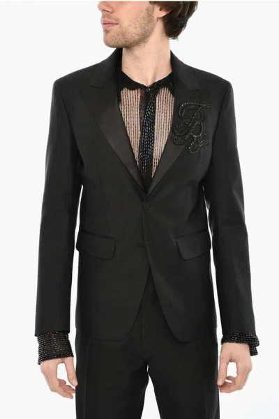 Dsquared2 Virgin Wool And Silk 2 Buttons Blazer With Sequin In Black