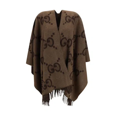 Gucci Embroidered Reversible Cashmere Cape In Brown