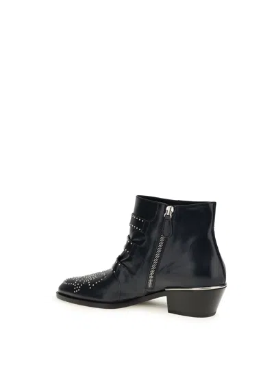 Chloé Black Calf Leather Bos Taurus Lace-up Boots In Animal Print