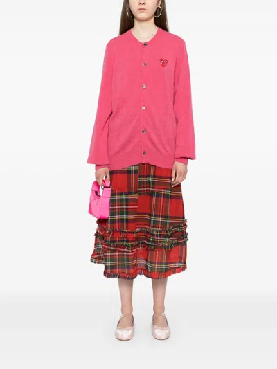 Comme Des Garçons Play Crew Neck Cardigan Ribbed Cuffs Hem In Pink