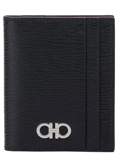 Ferragamo Textured Calfskin Cardholder With Polished Logo Accent In Black