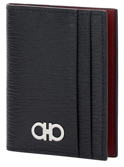 Ferragamo Textured Calfskin Cardholder With Polished Logo Accent In Black