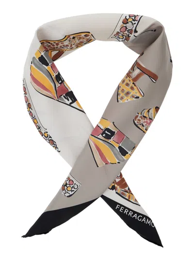 Ferragamo Multicolor Scarf With All-over Print And Logo Lettering In Silk Woman In Neutral