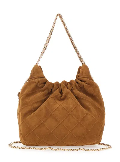 Tory Burch Fleming Mini Brown Shoulder Bag With Chain Strap And Metallic Pendant With Logo In Suede Woman In Brown