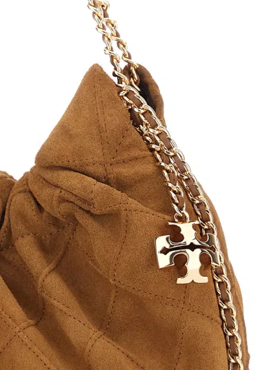 Tory Burch Fleming Mini Brown Shoulder Bag With Chain Strap And Metallic Pendant With Logo In Suede Woman In Brown