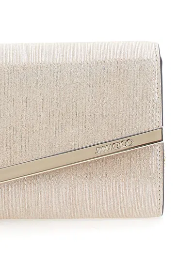 Jimmy Choo Emmie Metallic Clutch With Chain-link Shoulder Strap And Embossed Logo Lettering On The Front In Lea In Neutral