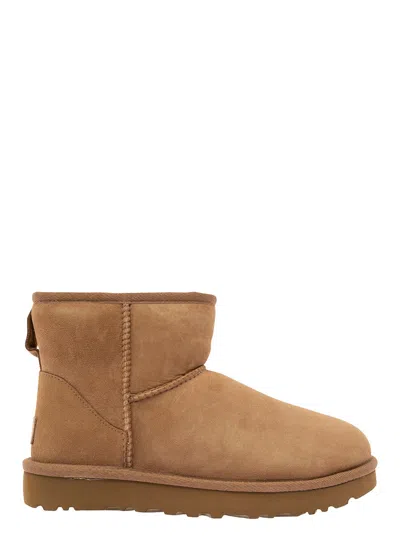 Ugg Classic Mini Beige Ankle Boots With Logo Patch On The Rear In Suede Woman In Brown