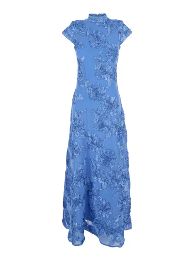 Rotate Birger Christensen Blue Long Dress With High Neck And All-over Floral Motif In Fabric Woman In Blue