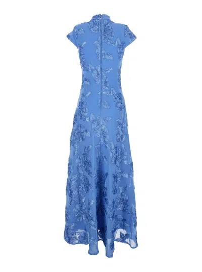 Rotate Birger Christensen Blue Long Dress With High Neck And All-over Floral Motif In Fabric Woman In Blue
