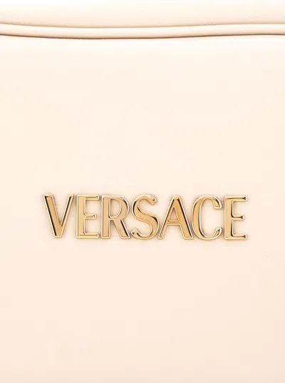 Versace Tag Bowling White Shoulder Bag With Metallic Logo Lettering And Medusa Head Pendant In Leather Woman In Neutral