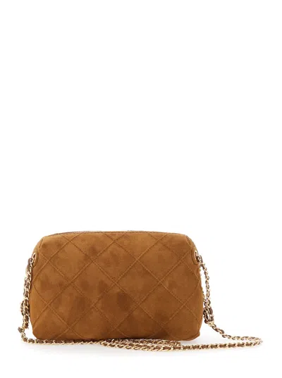 Tory Burch Fleming Brown Shoulder Bag With Chain Shoulder Strap And Logo Charm In Suede Woman In Brown