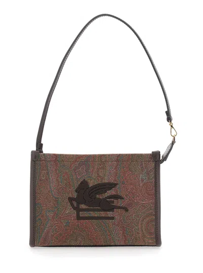 Etro Arnica Brown Clutch With Embroidered Logo On The Front And All-over Motif In Cotton Blend Woman In Brown