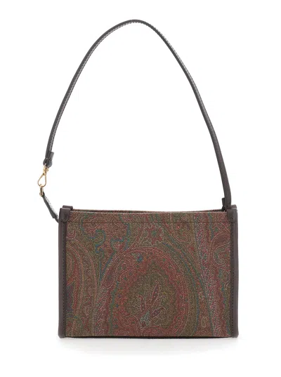 Etro Arnica Brown Clutch With Embroidered Logo On The Front And All-over Motif In Cotton Blend Woman In Brown