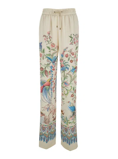 Etro Women White Pants With Elastic Drawstring Waist And All-over Floral Print In Tech Fabric Woman In Multi