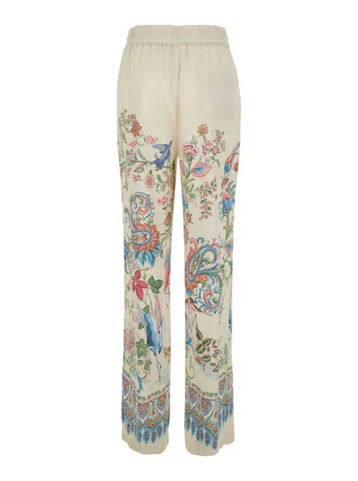 Etro Women White Pants With Elastic Drawstring Waist And All-over Floral Print In Tech Fabric Woman In Multi