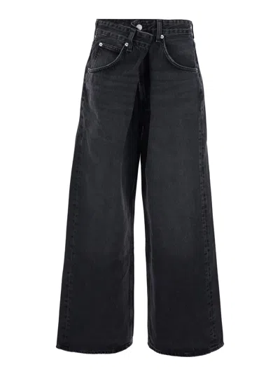 Agolde Vana Black Low-crotch Jeans With Book Closure In Denim Woman In Black