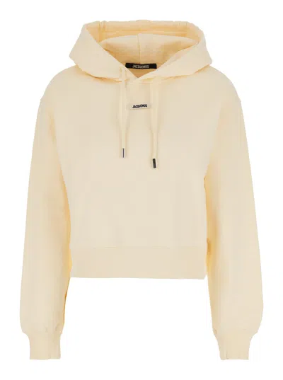 Jacquemus Le Hoodie Gros Grain Beige Cropped Hoodie With Drawstring Hood And Logo Patch On The Front In Cotton In Orange