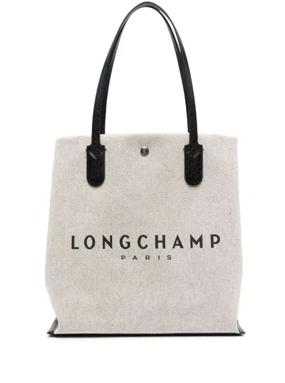 Longchamp Roseau Beige Tote Bag With Logo Print In Cotton Canvas Woman In Sand