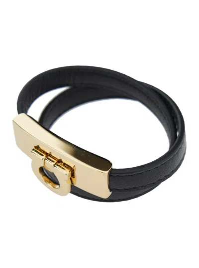 Ferragamo Gancini Black Double Twist Bracelet In Leather Woman