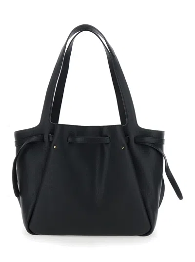 Tory Burch Romy Black Tote Bag With Adjustable Drawstring Closure And Logo Detail On The Front In Grained Leath In Black
