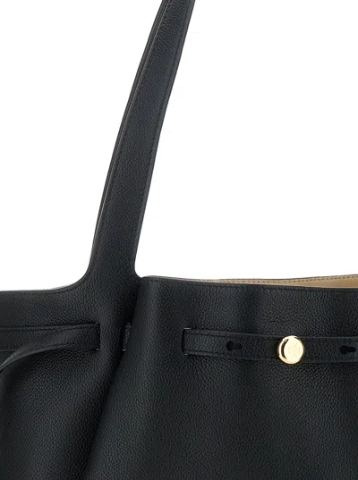 Tory Burch Romy Black Tote Bag With Adjustable Drawstring Closure And Logo Detail On The Front In Grained Leath In Black