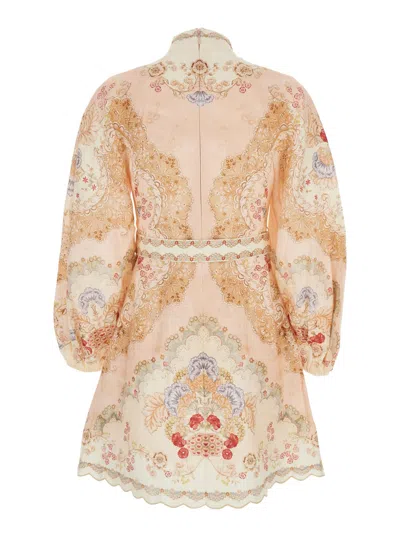 Zimmermann Daylight Multicolor Midi Dress With Long Puffed Sleeves And All-over Floral Print In Linen Woman In Multi