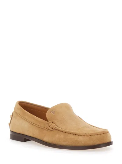 Tod's Beige Loafers With Embossed Logo And Stud Details On The Back In Leather Woman In Brown