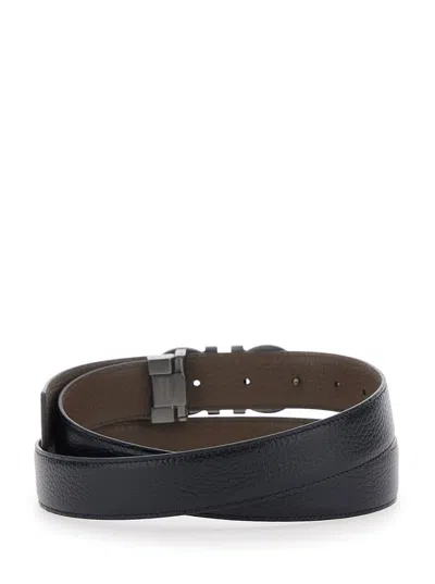 Ferragamo Black Reversible Belt With Gancini Buckle In Hammered Leather Man