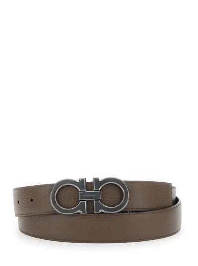 Ferragamo Black Reversible Belt With Gancini Buckle In Hammered Leather Man