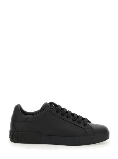 Dolce & Gabbana Portofino Black Low Top Sneakers With Logo Lettering Detail In Smooth Leather Man In Black