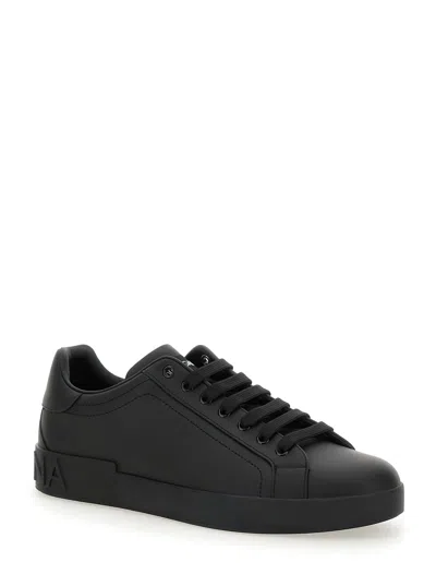 Dolce & Gabbana Portofino Black Low Top Sneakers With Logo Lettering Detail In Smooth Leather Man In Black