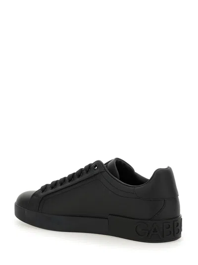 Dolce & Gabbana Portofino Black Low Top Sneakers With Logo Lettering Detail In Smooth Leather Man In Black