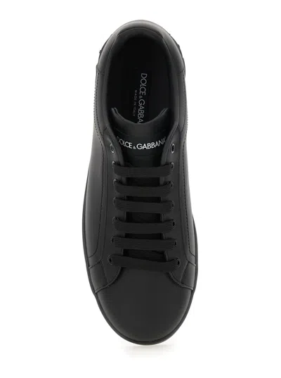 Dolce & Gabbana Portofino Black Low Top Sneakers With Logo Lettering Detail In Smooth Leather Man In Black