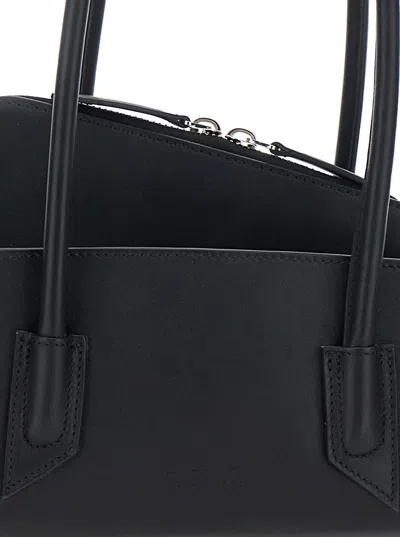Attico La Passeggiata Small Black Shoulder Bag With Tubular Handles And Impressed Logo On The Front In Leat In Black