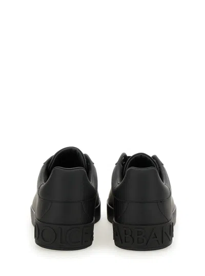 Dolce & Gabbana Portofino Black Low Top Sneakers With Logo Lettering Detail In Smooth Leather Man In Black
