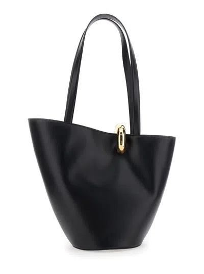 Jacquemus Le Bambola Moyen Black Shoulder Bag With Front Metal Ring Closure And Embossed Logo Lettering On The In Black