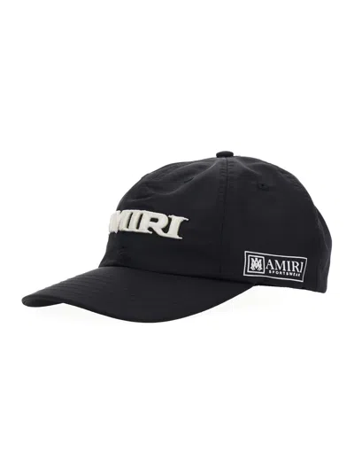 Amiri Men Black Baseball Cap With With Logo Lettering Embroidery In Tech Fabric Man In Black