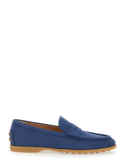 Tod's Blue Loafers With Rubber Sole And Rubber Detail On The Back In Suede Woman In Blue