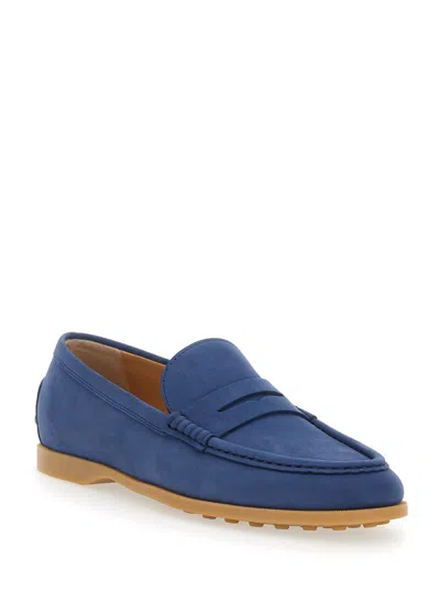 Tod's Blue Loafers With Rubber Sole And Rubber Detail On The Back In Suede Woman In Blue