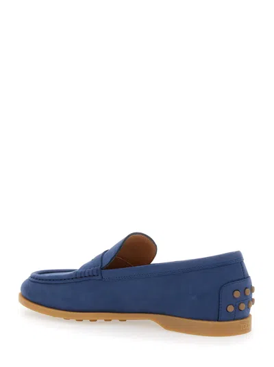 Tod's Blue Loafers With Rubber Sole And Rubber Detail On The Back In Suede Woman In Blue