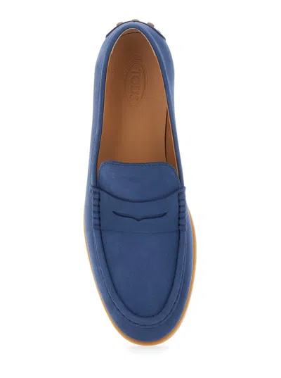 Tod's Blue Loafers With Rubber Sole And Rubber Detail On The Back In Suede Woman In Blue
