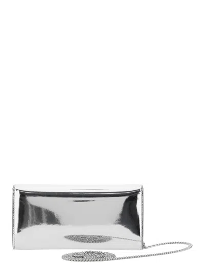 Jimmy Choo Emmie Metallic Envelope Clutch With Logo Lettering On The Front And Chain-link Shoulder Strap In Lea In Silver