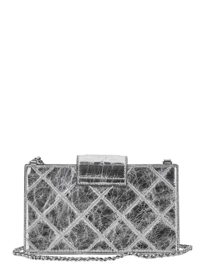 Tory Burch Fleming Mini Metallic Crossbody Bag With Chain Shoulder Strap And Quilted Design In Leather Woman In Gray