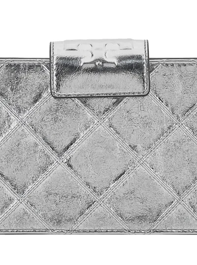 Tory Burch Fleming Mini Metallic Crossbody Bag With Chain Shoulder Strap And Quilted Design In Leather Woman In Gray