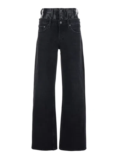 Agolde Elson Black Jeans With Double-layered Waist And Leather Details In Denim Woman In Black
