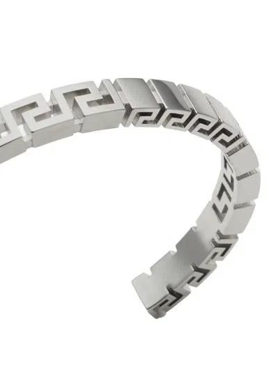 Versace Silver-colored Bracelet With Greek Motif And Logo Lettering Debossed In Brass Man In Silver