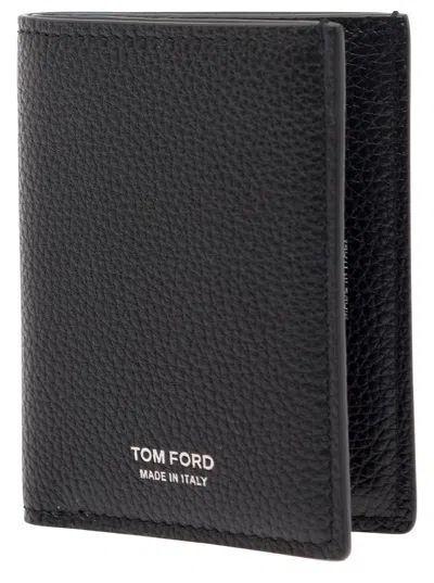 Tom Ford Black Card-wallet With Embossed Logo In Hammered Leather Man In Black