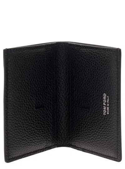 Tom Ford Black Card-wallet With Embossed Logo In Hammered Leather Man In Black