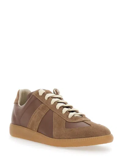 Maison Margiela Replica Brown Low Top Sneakers With Suede Details And Logo On The Tongue In Leather Woman In Brown