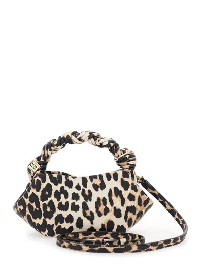 Ganni Bou Brown Mini Handbag With Braided Handle And All-over Leopard Motif In Fabric Woman In Animal Print
